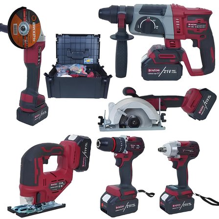 Daflong DFL288 PRO 6lı Set - 4 Bataryalı Taşıma Çantalı – 80nm Şarjlı matkap + 600nm Torklu Bijon Sökme + Devir Ayarlı Taşlama + Kırıcı Delici Hilti + Sunta kesme + Dekupaj makinesi