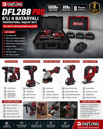 Daflong DFL288 PRO 6lı Set - 4 Bataryalı Taşıma Çantalı – 80nm Şarjlı matkap + 600nm Torklu Bijon Sökme + Devir Ayarlı Taşlama + Kırıcı Delici Hilti + Sunta kesme + Dekupaj makinesi