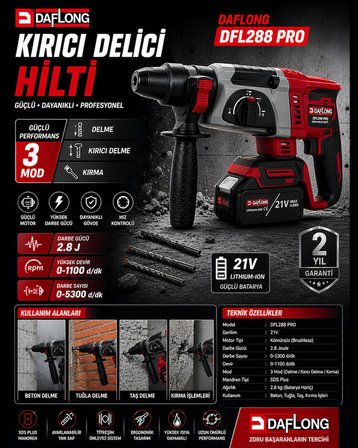 Daflong DFL288 PRO 6lı Set - 4 Bataryalı Taşıma Çantalı – 80nm Şarjlı matkap + 600nm Torklu Bijon Sökme + Devir Ayarlı Taşlama + Kırıcı Delici Hilti + Sunta kesme + Dekupaj makinesi