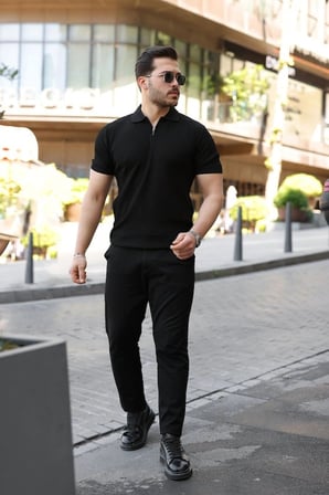 Erkek Fermuarlı Yakalı Kısa Kollu Tshirt