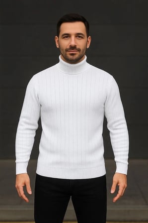 Erkek Balıkcı Yaka Bağazlı Triko Kazak Pamuklu Kalın Fitilli Dokuma, Regular Fit Uzun Kollu Kışlık Model - Beyaz