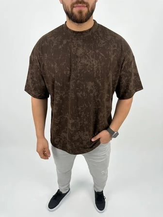 Erkek Premium Tişört OSY Yumuşak Dokulu Yıkamalı Oversize T-Shirt - Kahverengi