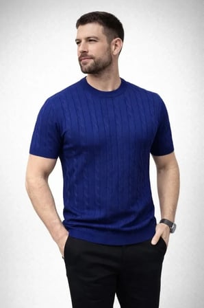 Erkek Yazlık Triko Dokuma Tişört Kısa Kol Bisiklet Yaka Örgü Desenli T-Shirt - Lacivert
