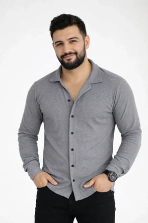 Erkek Waffle Kumaş Uzun Kollu Düğmeli Açık Yaka Regular Fit Gömlek - Füme