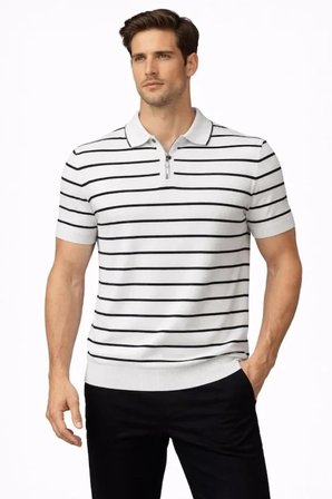Erkek Triko Polo Yaka Fermuarlı Çizgili Tişört T-Shirt Yazlık Şık - Beyaz