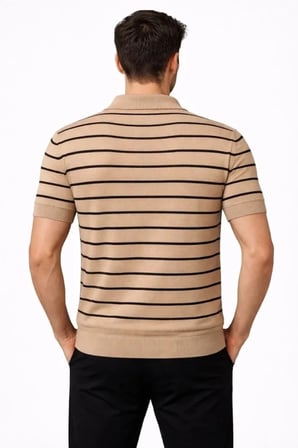 Erkek Triko Polo Yaka Fermuarlı Çizgili Tişört T-Shirt Yazlık Şık - Kahverengi