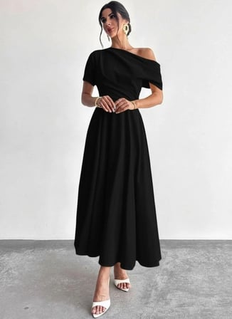 Kadın Omuzdan Açık Kısa Kollu Omuzdan Pileli Uzun Janjan Krep Elbise
