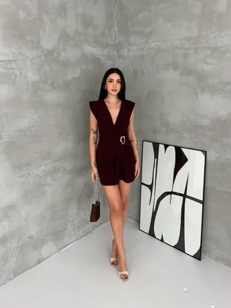 Kruvaze Drapeli Tokalı Mini Elbise Şık Gece Davet Abiye - Kahverengi