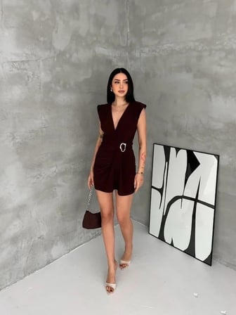 Kruvaze Drapeli Tokalı Mini Elbise Şık Gece Davet Abiye - Kahverengi