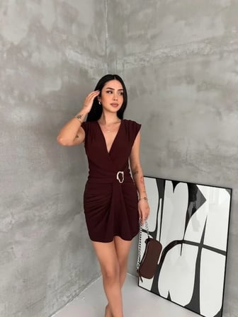 Kruvaze Drapeli Tokalı Mini Elbise Şık Gece Davet Abiye - Kahverengi