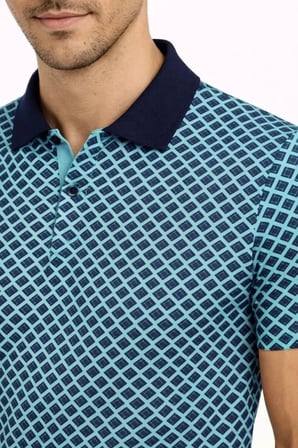 Erkek Pike Kumaş Polo Yaka Desenli Tişört Kısa Kol Yazlık T-Shirt - Turkuaz
