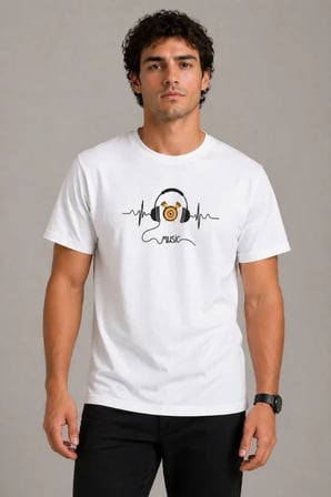 Erkek Müzik Temalı Baskılı Tişört Bisiklet Yaka Kısa Kol T-Shirt - Beyaz