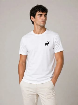 Erkek Minimal Geyik Logolu Tişört Bisiklet Yaka Kısa Kol Yazlık T-Shirt - Beyaz