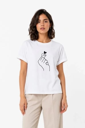 Kore Parmak Kalp Aşk Temalı Minimal Baskılı Tişört Yazlık Kısa Kol T-Shirt  - Beyaz