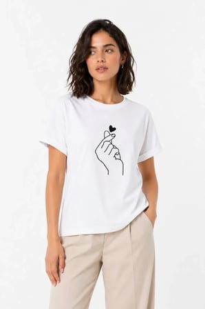 Kore Parmak Kalp Aşk Temalı Minimal Baskılı Tişört Yazlık Kısa Kol T-Shirt  - Beyaz