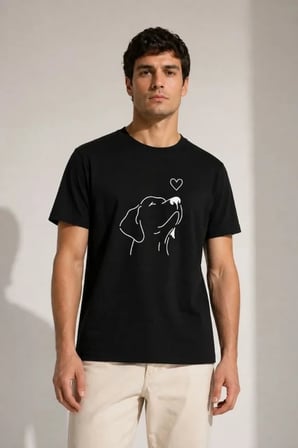Erkek Köpek Figürlü Minimal Baskılı Tişört Kısa Kol Yazlık T-Shirt - Siyah