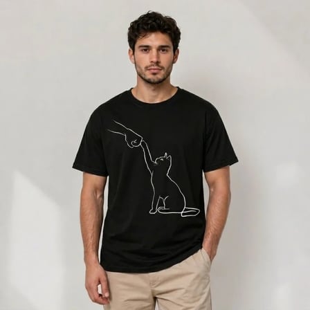 Erkek Minimal Kedi Çizim Baskılı Tişört Kısa Kol Yazlık T-Shirt - Siyah