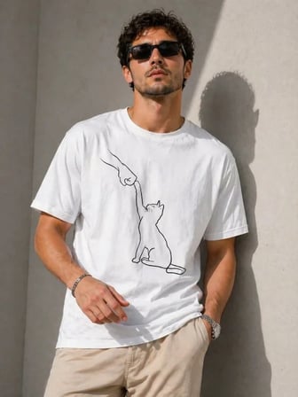 Erkek Minimal Kedi Çizim Baskılı Tişört Kısa Kol Yazlık T-Shirt - Beyaz