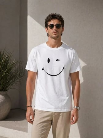 Erkek Minimal Gülümseyen Yüz Baskılı Tişört Kısa Kol Yazlık T-Shirt - Beyaz
