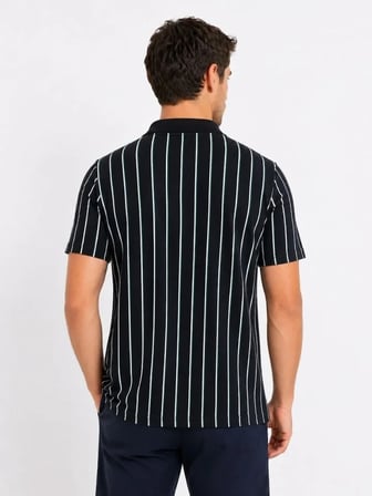 Erkek Pike Kumaş Çizgili Polo Yaka Tişört Kısa Kol Yazlık T-Shirt - Siyah