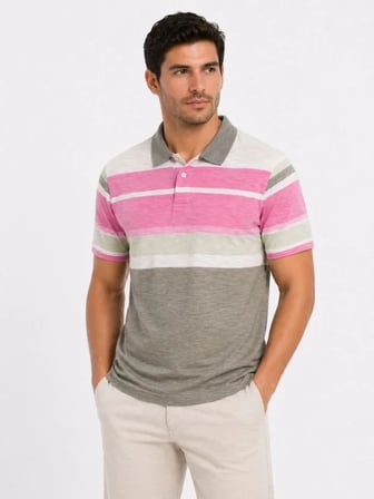Erkek Flamlı Penye Çizgili Polo Yaka Tişört Kısa Kol Yazlık T-Shirt - Gri