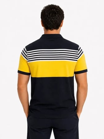 Erkek Pike Kumaş Çizgili Polo Yaka Tişört Kısa Kol Yazlık T-Shirt - Lacivert