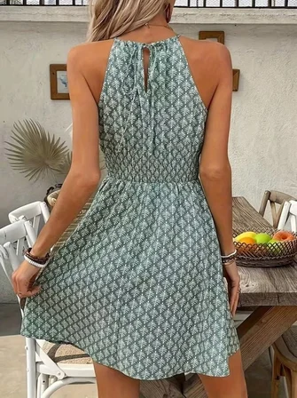 Kadın Omuzlardan Açık Boyun Arkasından Bağcıklı Beli Lastikli Kısa Süprem Elbise