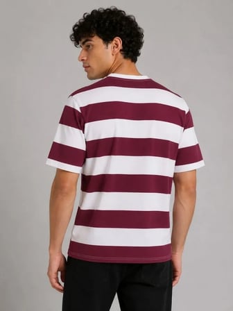 Erkek Çizgili Oversize Tişört Bisiklet Yaka Kısa Kol Yazlık T-Shirt - Bordo