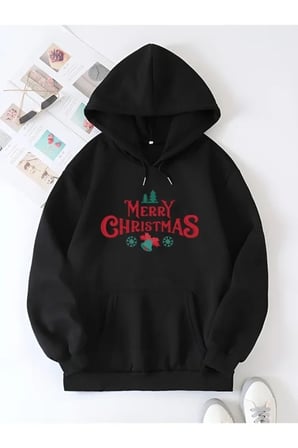 Yılbaşı Merry Christmas Baskılı Oversize Kapüşonlu Sweatshirt Hoodie - Siyah