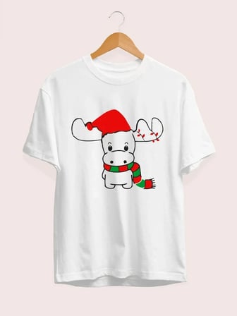Yılbaşı Noel Ren Geyiği Baskılı Kısa Kollu Oversize Bisiklet Yaka T-shirt - Beyaz