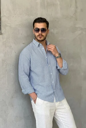 Erkek İnce Çizgili Gofre Kumaş Rahat Kalıp Gömlek