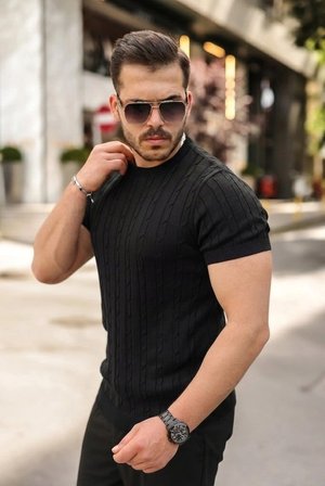 Erkek Örgü Desen Bisiklet Yaka Triko Tişört - %100 Pamuk Akrilik