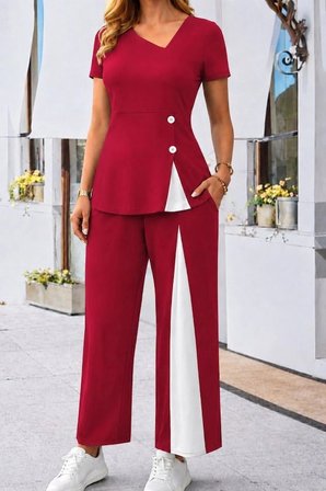 Kadın Kısa Kollu Asimetrik V Yakalı Yandan Düğmeli Janjankrep Bluz Ve Pantolon Ikili Takım