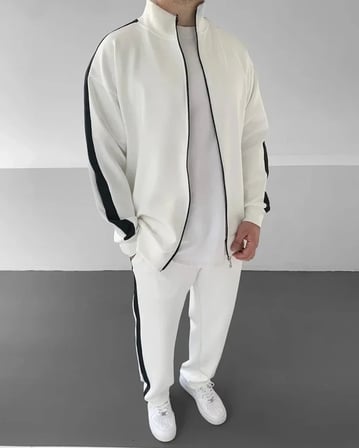 Erkek Scuba Kumaş Oversize Şerit Detaylı Fermuarlı Alt Üst Eşofman Takımı - Beyaz
