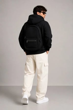 Erkek 3 İplik Şardonlu Tam Fermuarlı Kapüşonlu Arka Çanta Detaylı Sweatshirt - Siyah