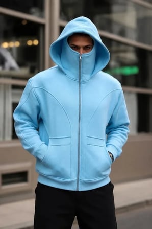 Erkek Maskeli Ninja Model Çift Kapüşonlu 3 İplik Şardonlu Fermuarlı Sweatshirt - Bebek Mavisi