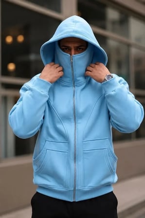 Erkek Maskeli Ninja Model Çift Kapüşonlu 3 İplik Şardonlu Fermuarlı Sweatshirt - Bebek Mavisi