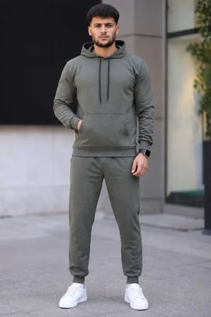 Erkek İki İplik Kapüşonlu Kanguru Cepli Sweatshirt Jogger Pantolon Alt Üst Eşofman Takımı - Haki