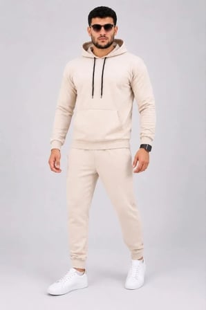 Erkek İki İplik Kapüşonlu Kanguru Cepli Sweatshirt Jogger Pantolon Alt Üst Eşofman Takımı -Bej