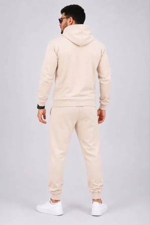Erkek İki İplik Kapüşonlu Kanguru Cepli Sweatshirt Jogger Pantolon Alt Üst Eşofman Takımı -Bej
