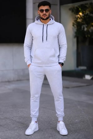 Erkek İki İplik Kapüşonlu Kanguru Cepli Sweatshirt Jogger Pantolon Alt Üst Eşofman Takımı -Beyaz