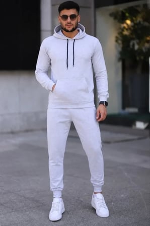 Erkek İki İplik Kapüşonlu Kanguru Cepli Sweatshirt Jogger Pantolon Alt Üst Eşofman Takımı -Beyaz