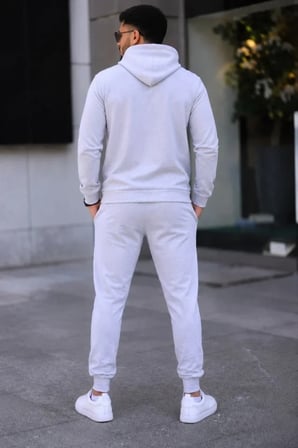 Erkek İki İplik Kapüşonlu Kanguru Cepli Sweatshirt Jogger Pantolon Alt Üst Eşofman Takımı -Beyaz