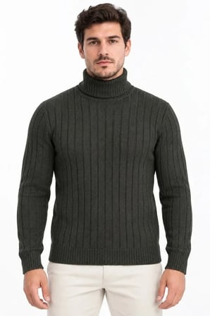 Erkek Balıkçı Yaka Tam Boğazlı Kalın Fitilli Regular Fit Triko Kazak - Füme