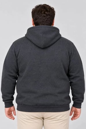 Erkek Battal Büyük Beden Üç İplik İçi Şardonlu Kapüşonlu Kanguru Cepli Kışlık Sweatshirt - Füme