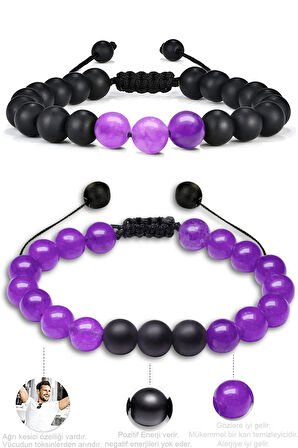 Sertifikalı Makrome Örgü Ametis Taşı Doğal Taş Bileklik Seti