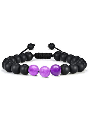 Sertifikalı Makrome Örgü Ametis Taşı Doğal Taş Bileklik Seti