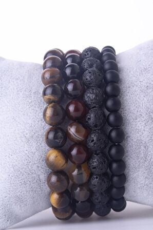 4 Lü Kaplangözü Kızıl Akik Lav Ve Siyah Onyx Doğaltaş Seti