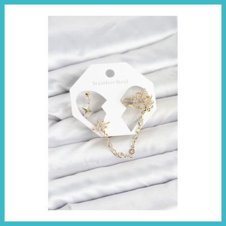 DEFNE STORE Kutup Yıldızı Model Pirinç Gold Renk Zincir Bağlantılı Ear Cuff Küpe Seti DFNBEZ