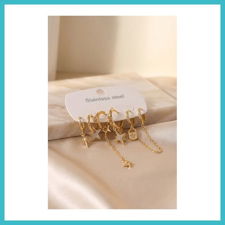 DEFNE STORE 316L Çelik Gold Renk Yıldız Model Zincir Detaylı Kadın Küpe Seti DFNBEZ